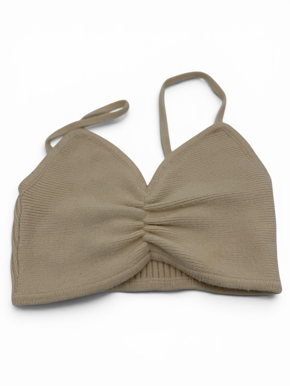 Mable Knit Ribbed Halter Crop Top Tan Beige Y2K Coquette M/L